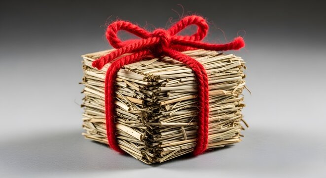 Rustic straw gift box tied with red yarn against a neutral studio background