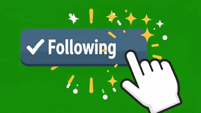 Mouse cursor clicking red follow button transforming into grey following state with sparkling animation on green screen background.