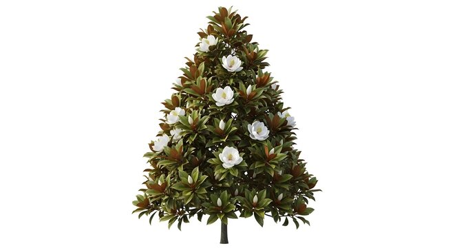 Southern Magnolia tree with white blossoms during spring against a clean white background