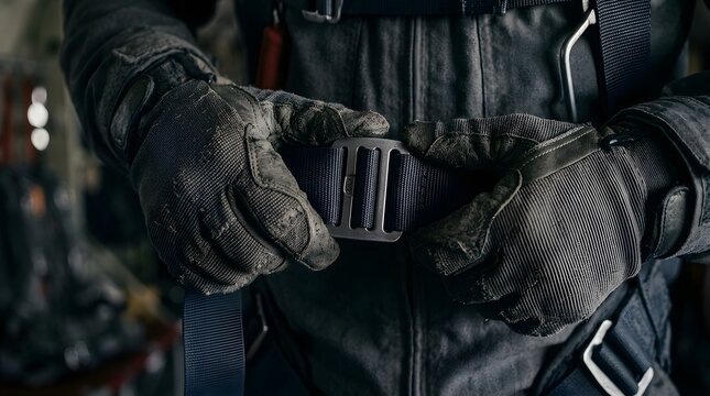 Paratrooper fastens safety harness buckle prior to high altitude jump.