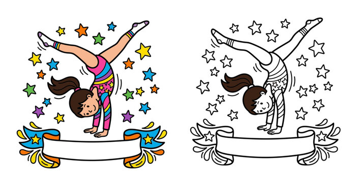 Cute cartoon gymnast girl doing handstand with stars and banner illustration with coloring page line art version vector set