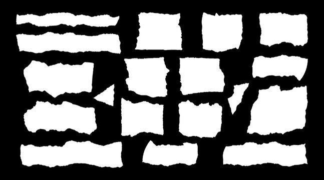 Collection of white torn paper pieces with ripped edges isolated on black background for collage designs and scrapbooking.