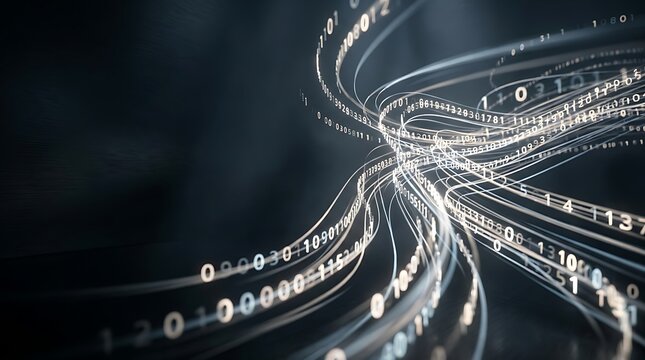 Abstract data flow with binary code streams and glowing white light trails big data technology