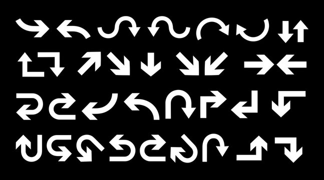 White directional arrow icon set on black background featuring curved straight and angled pointers for interface navigation.