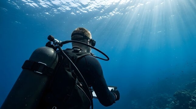 Scuba diver swims in deep blue ocean water under bright sun rays penetrating the surface.