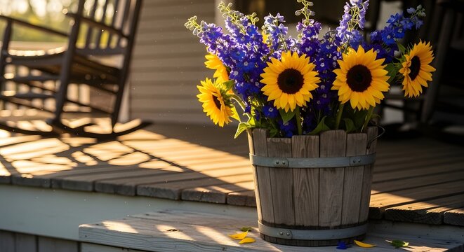 Sunflowers and delphiniums in a wooden bucket on a porch during golden hour with rocking chairs