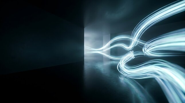 Abstract light motion trails emerging from a glowing gateway in darkness with long exposure