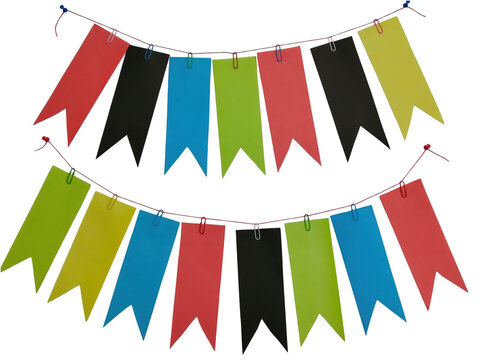 Colorful paper flag bunting banners hanging on a string for festive decoration isolated on white background