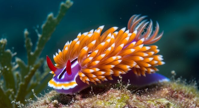 Vibrant nudibranch crawling on coral reef with shallow depth of field during daylight underwater