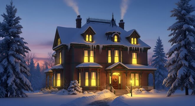 Victorian house glowing warmly in snowy twilight with icicles and pine trees