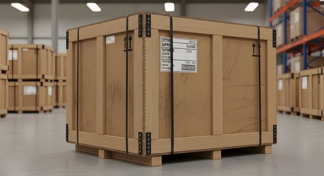 Wooden shipping crate on pallet in a bright warehouse aisle with stacked boxes