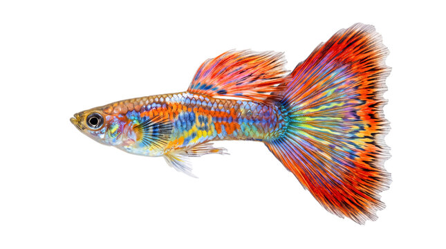 Male guppy fish with vivid orange, purple, and blue isolated on png transparent background