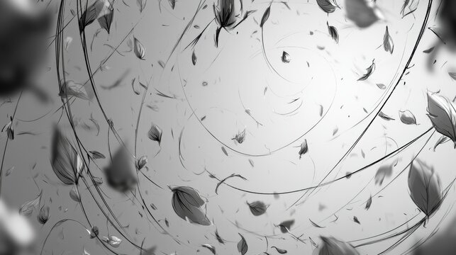 Leaves swirl through the air in a playful manner, creating an engaging sketch filled with movement and empty space for ideas.