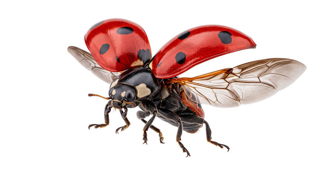 Close-up of a red ladybug with wings spread, ready for isolated on png transparent background