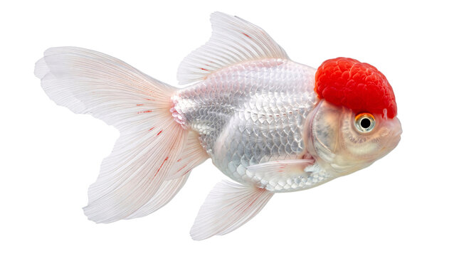 Close-up of white oranda goldfish with red head growth, isolated on png transparent background