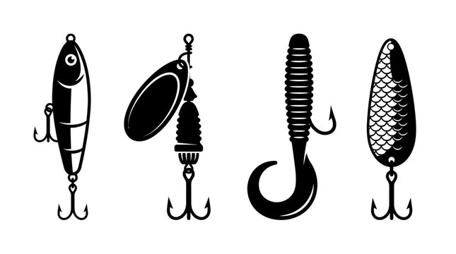 Detailed black fishing lures set showcasing various hooks and designs for catching different freshwater fish species