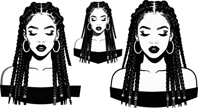 Black woman with braids vector illustration, beautiful African American girl with box braids and hoop earrings, stylish female portrait set