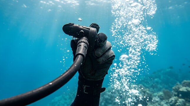 Scuba diver holds an underwater hose surrounded by bright blue ocean water and rising air bubbles.
