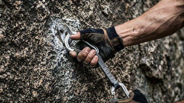 Muscular arm clips a steel carabiner into a rock climbing anchor bolt on a textured granite wall.
