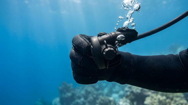 Scuba regulator is held by a gloved hand underwater with air bubbles floating toward sunlit sea.