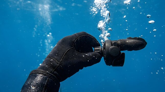 Gloved hand holds a scuba diving regulator in deep blue water as bubbles rise toward the illuminated surface.