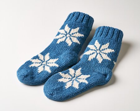 Blue knitted socks adorned with white snowflake patterns, laid flat against a plain surface.