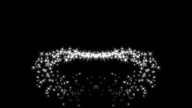 Shining white glitter sparkle star burst animation, twinkling particles and magic dust trail, glowing line stars motion, cartoon doodle sparkles, seamless loop transition, black screen background. 4k