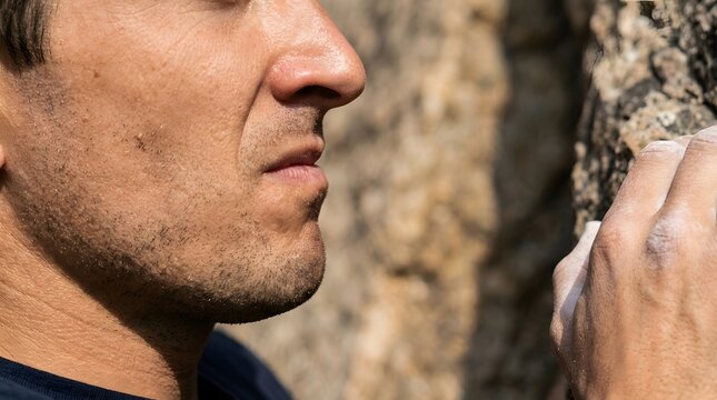 Climber grips a rough rock surface with chalk-covered fingers under bright sunlight.
