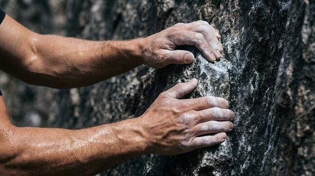 Strong chalked hands hold tightly onto a rough dark granite surface during a climb.