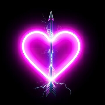Neon pink glowing heart pierced by arrow with electric lightning energy strokes.