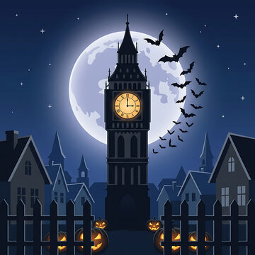 Big ben clock tower under moonlight with bats