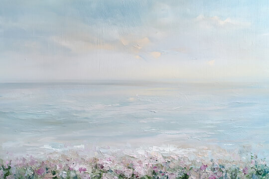 Impressionist oil painting depicting a peaceful seascape with ocean, tranquil beach, and coastal flowers under a soft sky