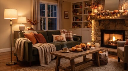 Obraz premium Warm autumn living room with cozy sofa, blankets and seasonal decor, comfortable home interior and relaxing fall evening.