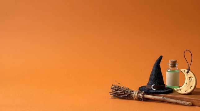 A festive halloween background featuring a small witch hat and a glowing lantern on an orange surface with copy space