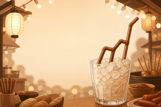 Iced drink in a glass with copper straws and warm lantern light