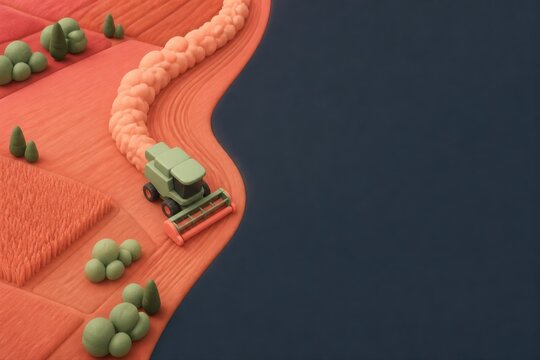 Coral 3D farm harvest scene with combine and copy space