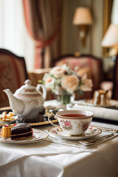 Afternoon tea set on a table with a teapot, cups, desserts, and fresh flowers, creating an atmosphere of luxury dining
