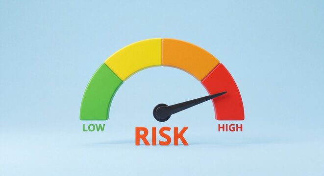 Risk assessment gauge meter showing high level indicator on solid pastel blue background studio shot with needle pointing toward high section soft