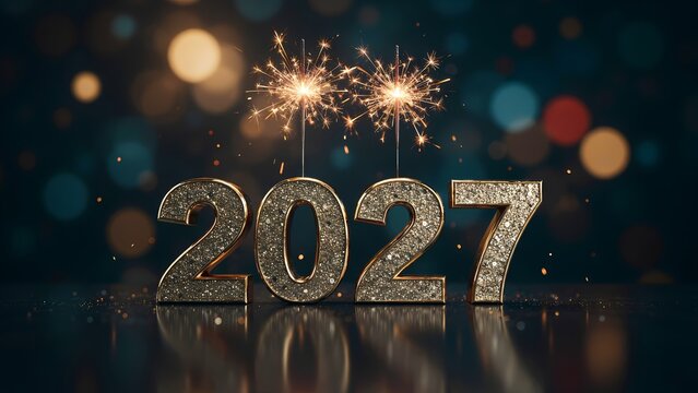 Sparkling golden numbers 2027 displayed prominently on a reflective dark platform with two lit sparklers shooting golden sparks upward against a vibrant backdrop of colorful blurred holiday bokeh ligh