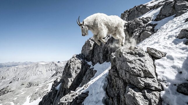 Mountain Goat Leaping Between Rocky Outcrops on Alpine Cliff