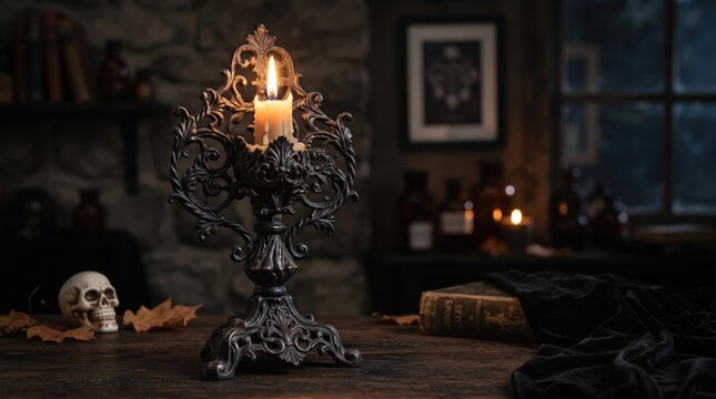 Single candle burning in an ornate gothic candlestick, dark Halloween still life with mysterious vintage atmosphere.