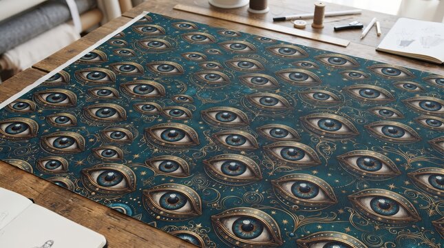 Dark fabric with repeating mystical eye pattern on a sewing table for Halloween crafts, textile projects and gothic design.