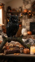 Naklejka premium Black raven perched among Halloween decorations for spooky storytelling, gothic home decor and seasonal event promotions.