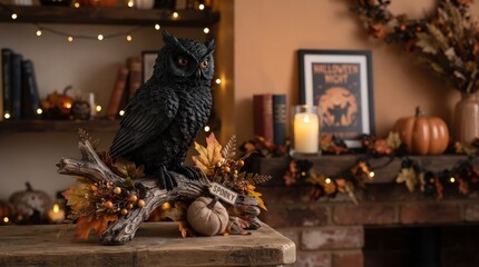 Naklejka premium Black raven perched among Halloween decorations for spooky storytelling, gothic home decor and seasonal event promotions.