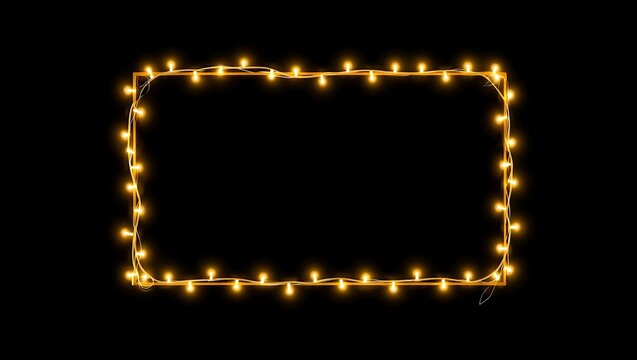 Empty rectangular frame made of warm glowing fairy lights against black backdrop.