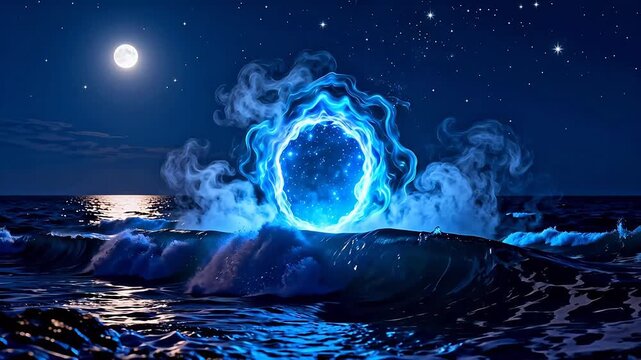 Mystical portal in ocean at night