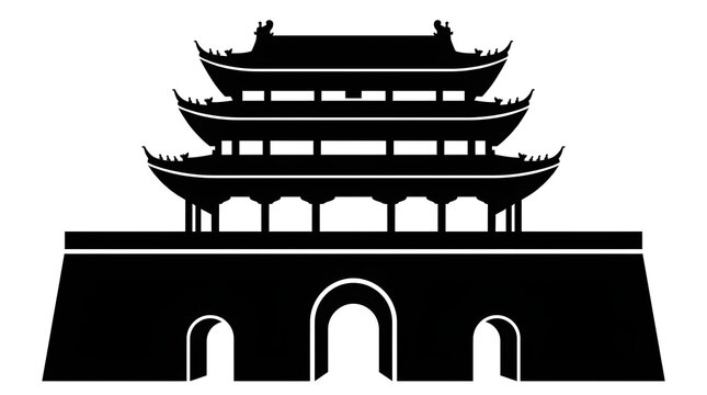 Silhouette of a traditional East Asian ancient city gate or palace pavilion. Black vector illustration of historic oriental architecture.