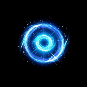 Blue swirling vortex energy light effect isolated on dark black space background.