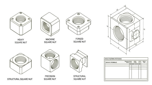 Technical Drawing of Cubic Mechanical Component with Hole.