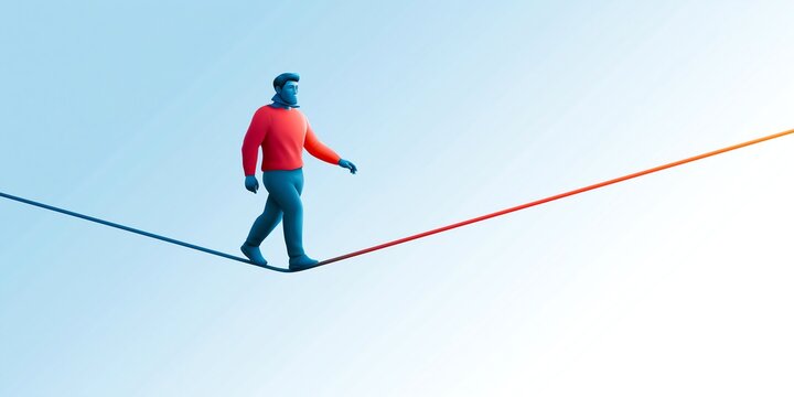 A flat vector illustration of a tightrope walker balanced above a safety net representing managed business risk, perfect for modern lifestyle and business storytelling, captured in exceptional detail.